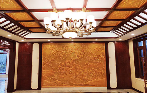 安吉中式别墅客厅中式木作横梁吊顶装饰展示